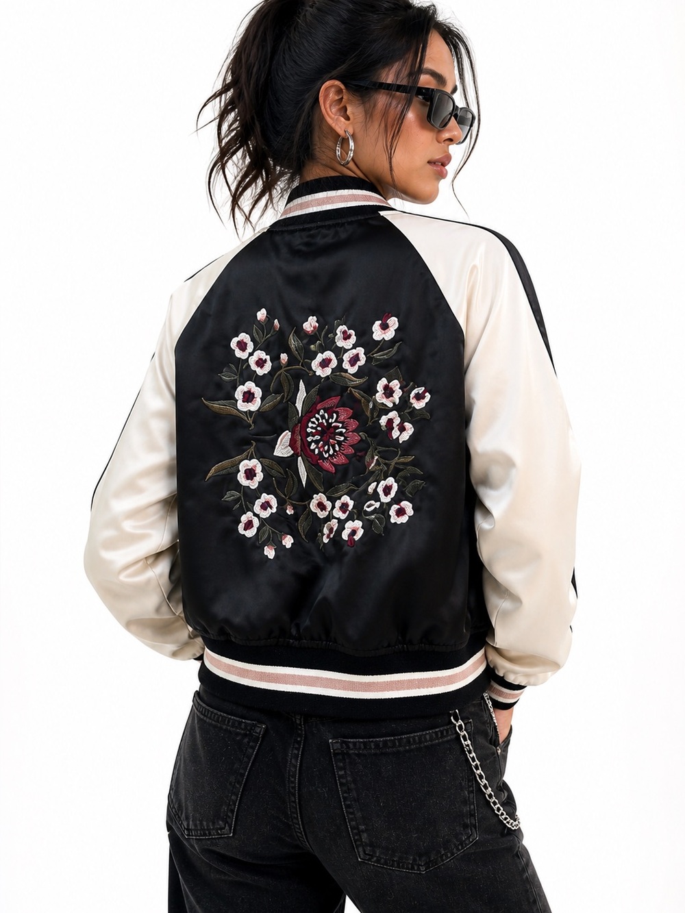 Live A Little Embroidered Floral Bomber Jacket S Black Satin-Style Varsity